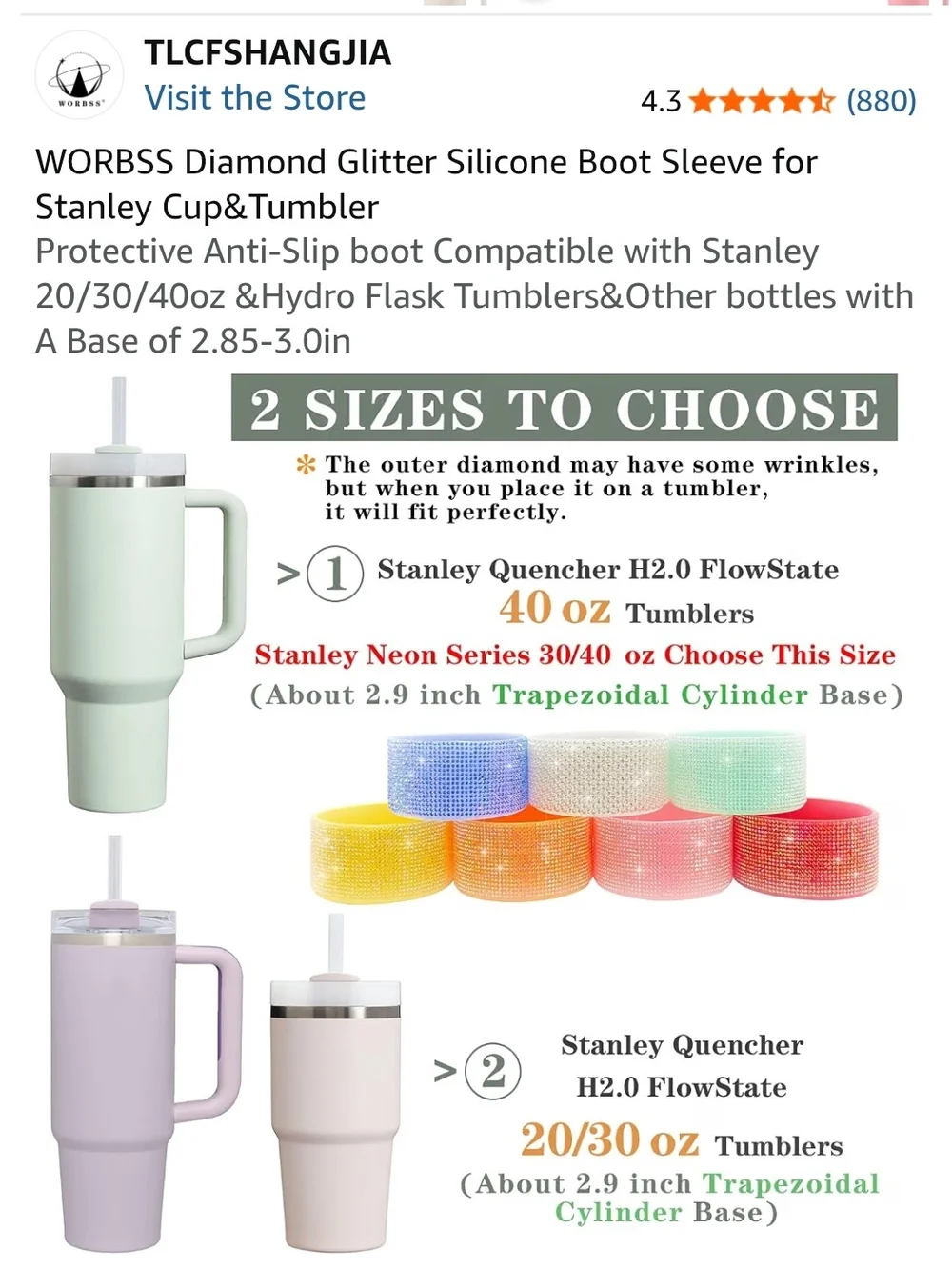 Pink Diamond Glitter Silicone Boot Sleeve for Stanleys/Tumblers (2 Pk)